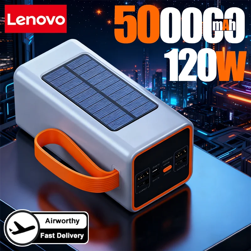 Lenovo 200000mAh Thicken Solar Power Bank Ultra capacity Built-in Cables External Battery LED Light Power Bank For iPhone