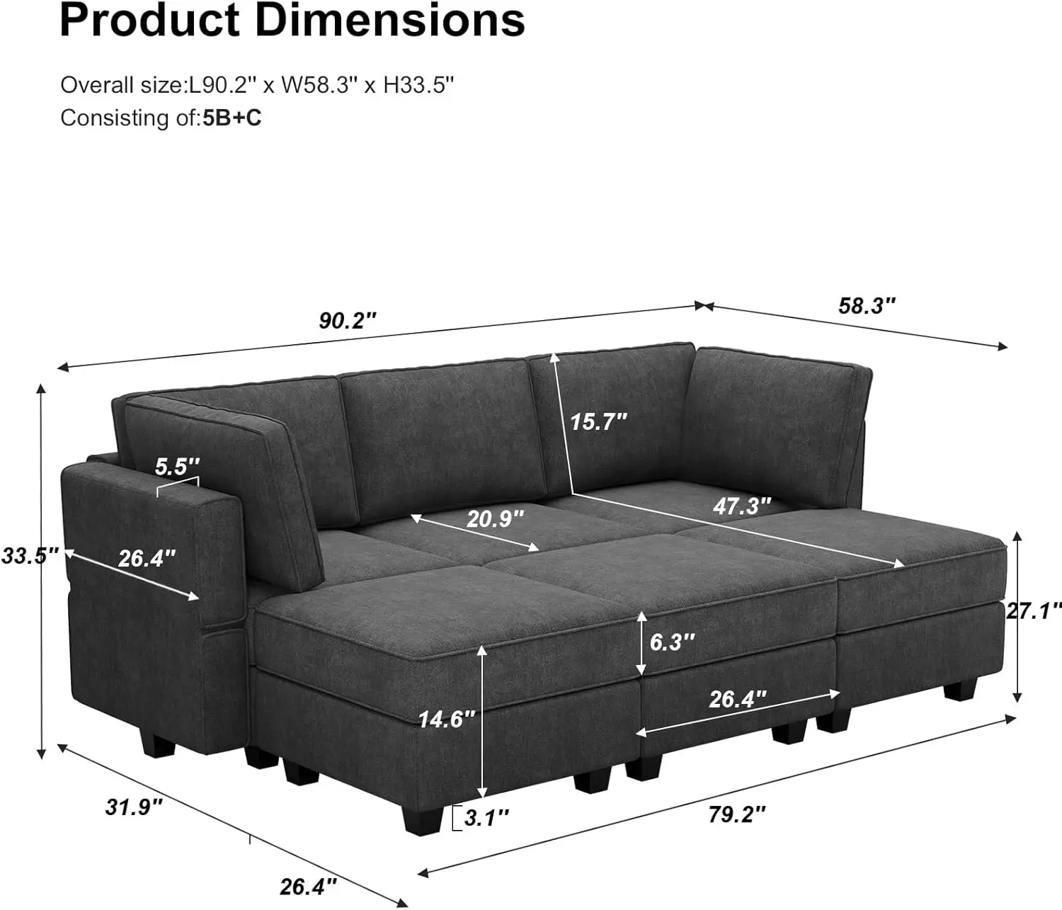 Belffin Modular Convertible Sectional Couch Bed Set With Sleeper Module in Dark Grey