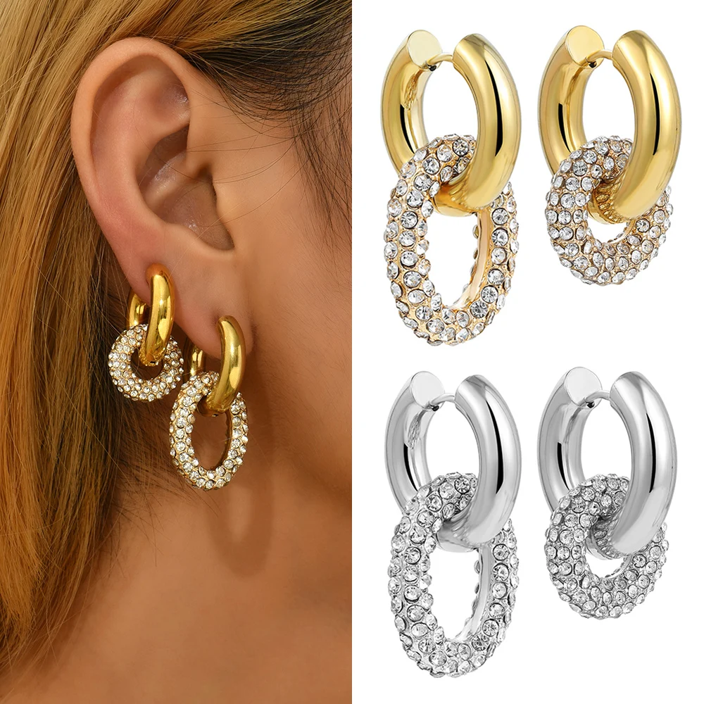 

Asymmetric Pave Rhinestone Round Stainless Steel Hoop Earrings for Women Circle Chunky Thick Hoops Ear Buckle Trendy Jewelry