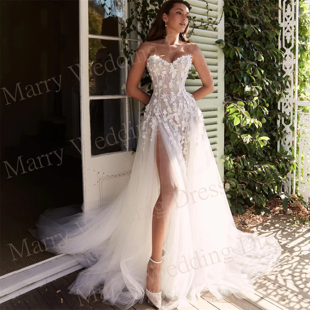 Vestidos de casamento feminino de linha simples, elegantes apliques de renda, vestidos de noiva, sexy e charmoso, modernos e clássicos, 2024