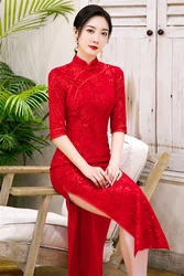 Vestido Cheongsam vermelho feminino, vestido Qipao longo, vestido de noite para noiva, banquete de casamento, vermelho chinês, primavera, outono