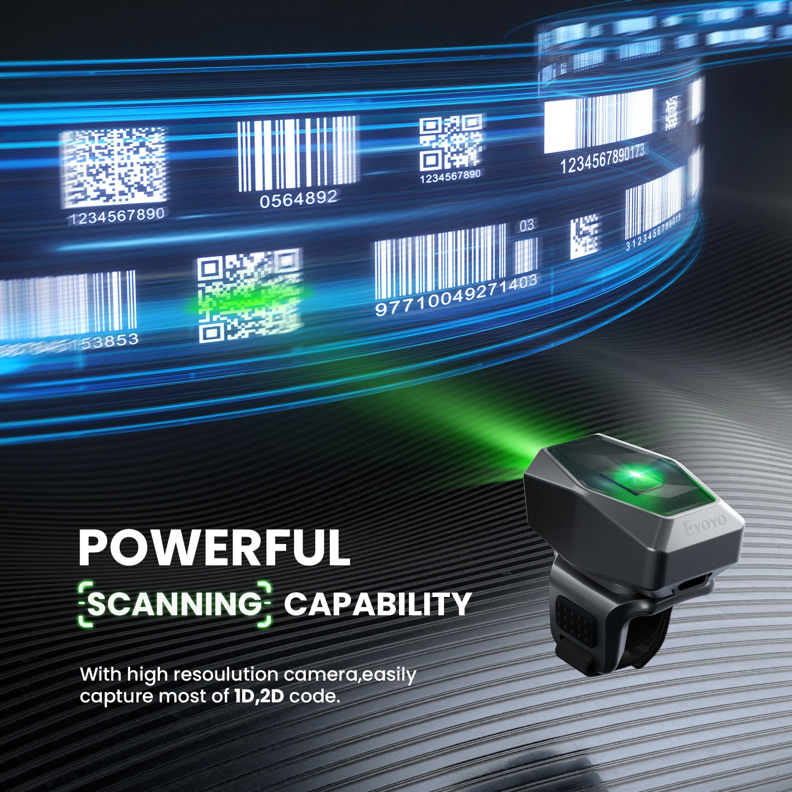 Eyoyo EY-016 قارئ باركود بلوتوث ثنائي الأبعاد يمكن ارتداؤه، مسح سريع QR PDF417 رمز مصفوفة البيانات على الشاشة. يدعم Android/iOS/Windows