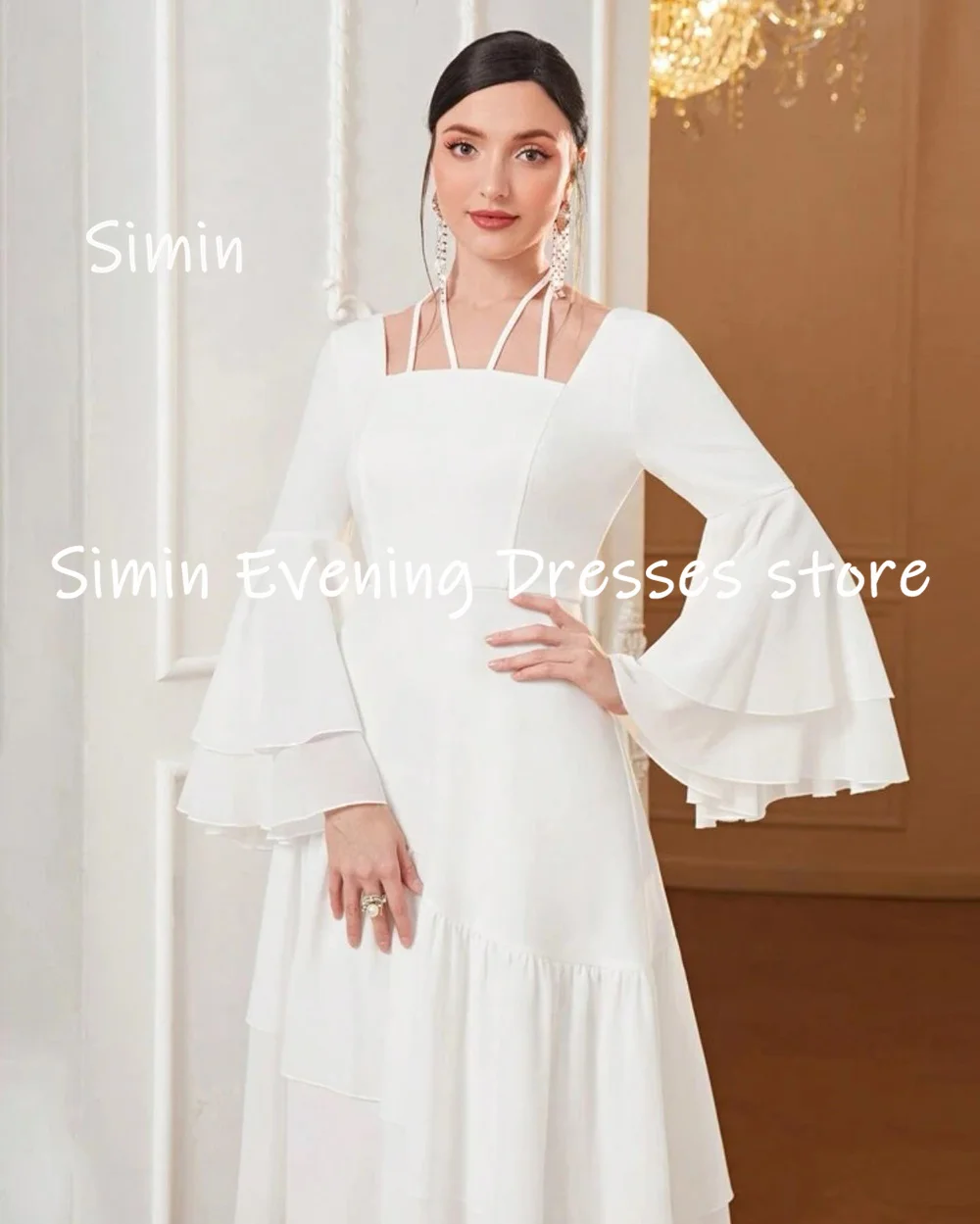 Simin-Robe de soirée en mousseline de soie pour femme, ligne A, col bateau, à volants, longueur de rinçage, élégante, 2023