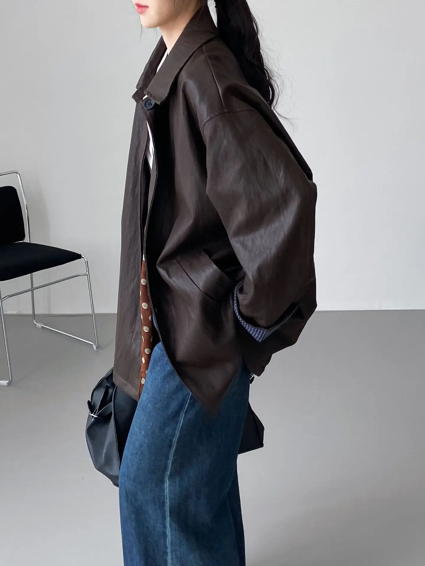 SuperAen rétro col Polo veste en cuir Pu femmes automne nouveau Style coréen mode décontracté Patchwork à manches longues manteau