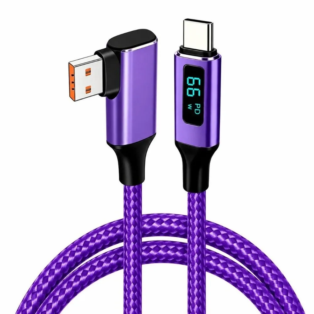 66W Fast Charging USB-A to USB-C Cable Right Angle Real-Time Display Right Angle Charging Cord 480Mbps Nylon Braided