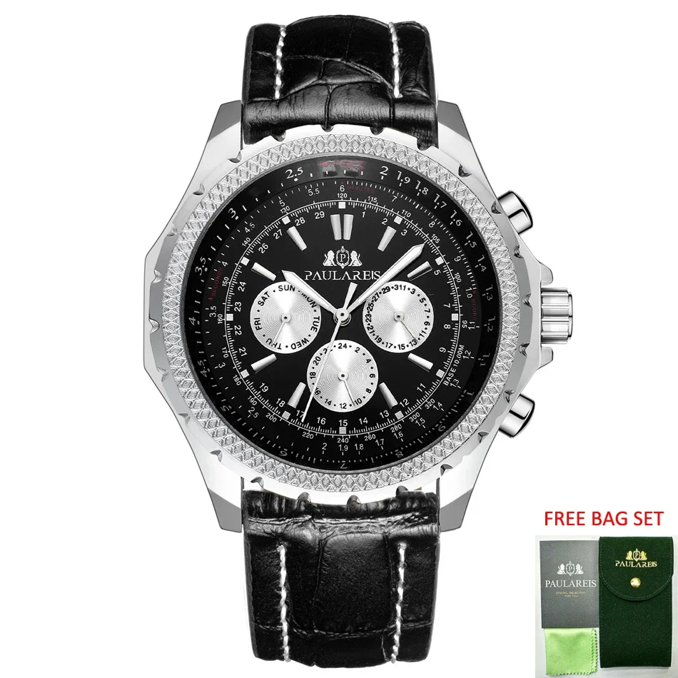 ساعة ميكانيكية أوتوماتيكية بحركة الرياح الذاتية باللون الأسود والبني والأزرق وحزام جلدي أنيق للرجال