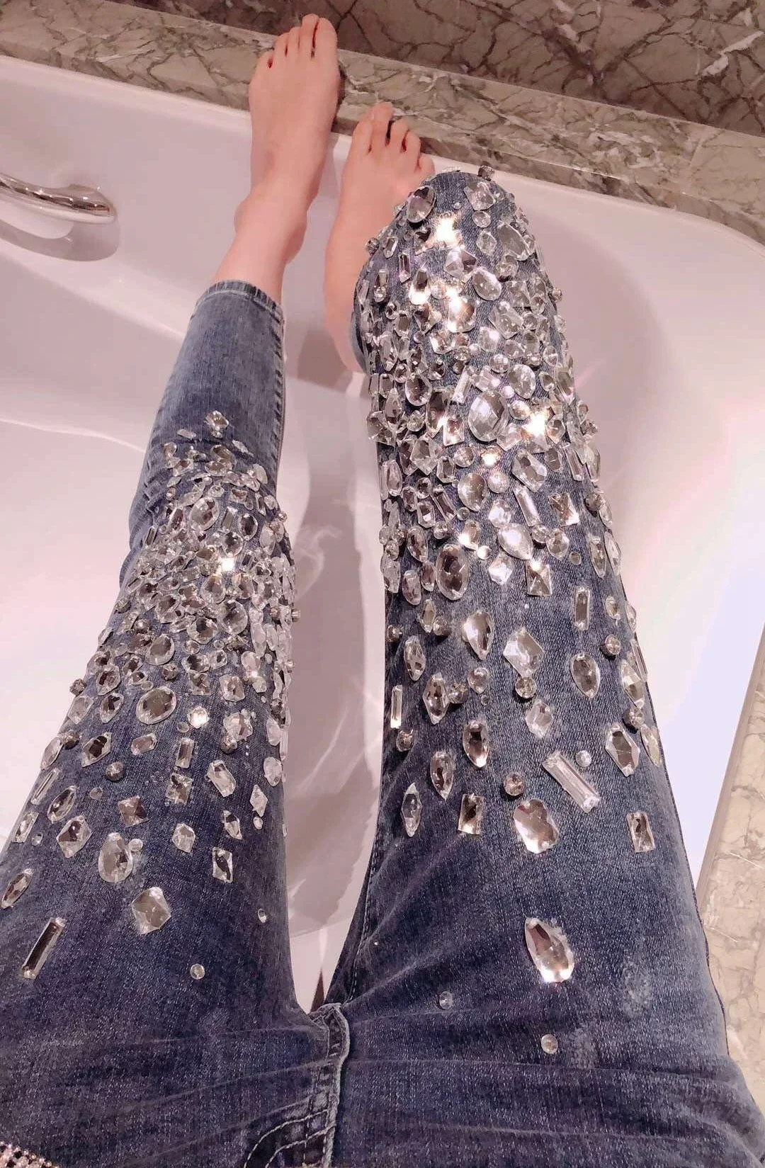 Luxury Women Handmade Diamonds Beaded Denim Pencil Pants Sewing Crystal Trousers Shiny Skinny Stretch Jeans Rhinestones Pantalon