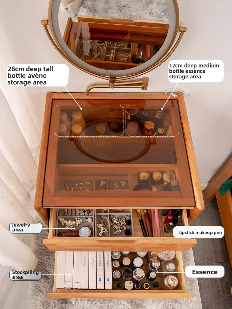 Small all-solid wood makeup table for Japanese-style bay window dresser to store large-capacity logs
