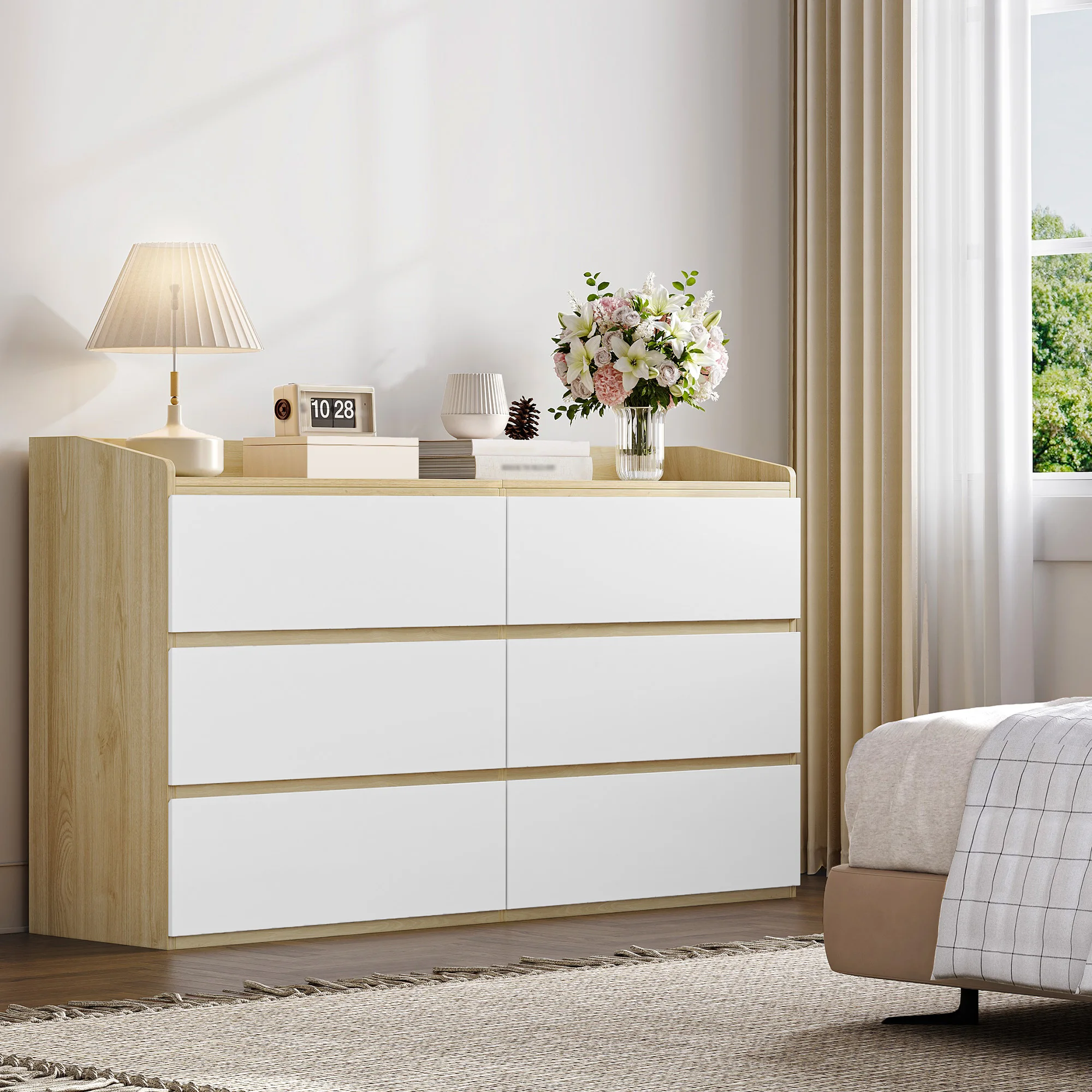 Cómoda con 6 Cajones, Mueble Auxiliar con Superficie de Trabajo, Estilo Moderno, para Sala de Estar, Dormitorio