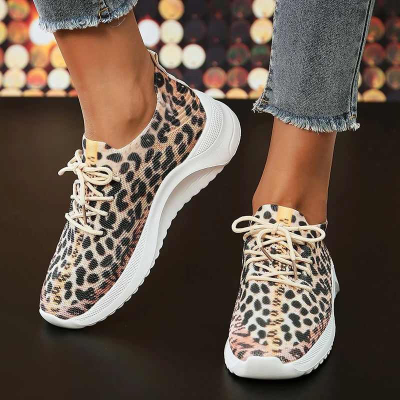 Leopard Print Breathable Sneakers Women 2023 Autumn Knitted Mesh Flat Heels Casual Shoes Woman Plus Size Soft Sole Walking Shoes