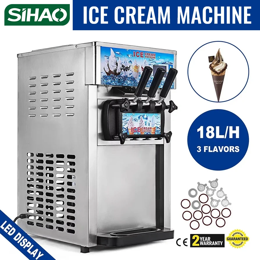 Machine à glace molle commerciale SIHAO, 18L/H, 3 saveurs, pour comptoir, écran LCD, compresseur 1200W, acier inoxydable, nettoyage en un clic, pour pâtisserie, café, restaurant, snack-bar