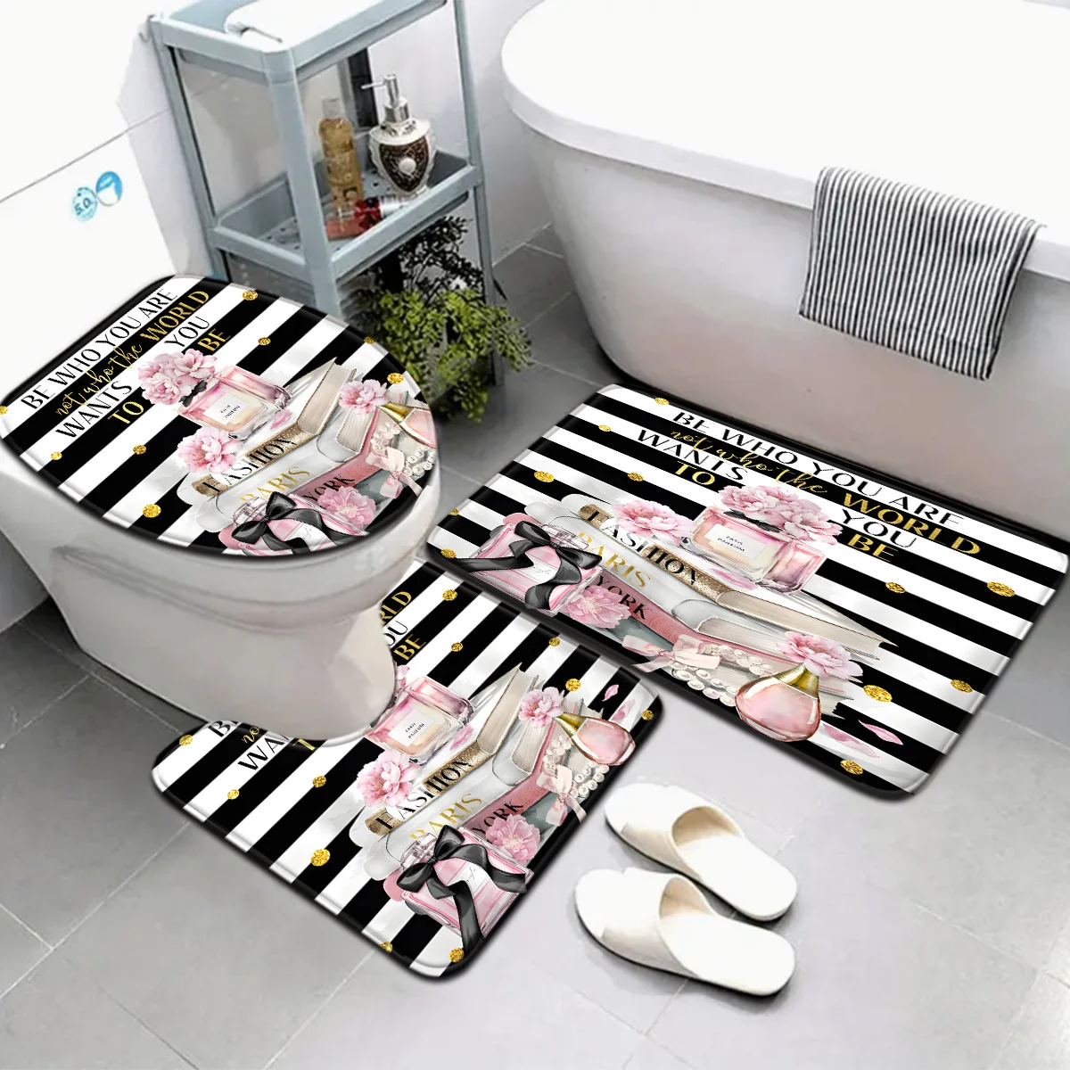 

3pcs Valentine's Scented Bath Mat Set - Flannel Toilet Cover & U-Shaped Rug, Fade-Resistant Romantic Decor