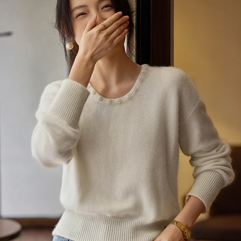 Mode 100% laine mérinos perles exquises col rond pull pull cachemire manches longues couleur unie doux mode vêtements haut