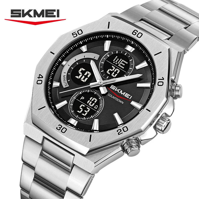 

SKMEI 2561 Восьмиугольные часы серебристого и золото с ремешком из нержавеющей стали, цифровой механизм, многофункциональные, EL Light, 30 м, водонепроницаемые, мужские