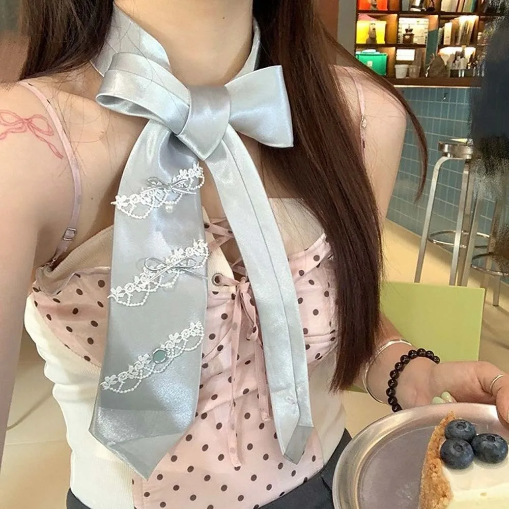 Moda multi-uso nastro papillon pizzo Y2K cravatta lunga in raso rosa collares sciarpa lunga stretta quotidiana
