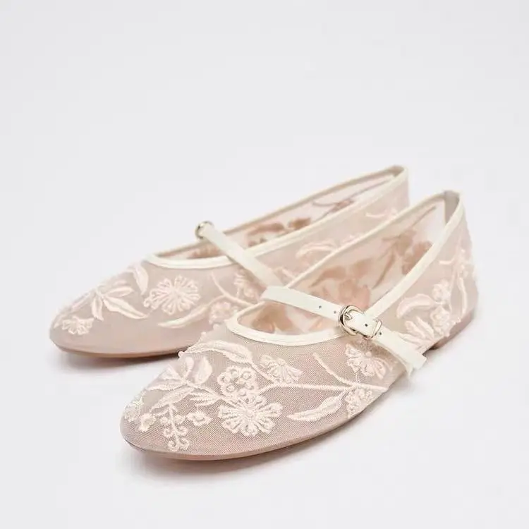 

TRZA Women's Shoes White Pearl Embroidered Mesh Strap Shallow Mouth Flat Ballet Single Shoe
