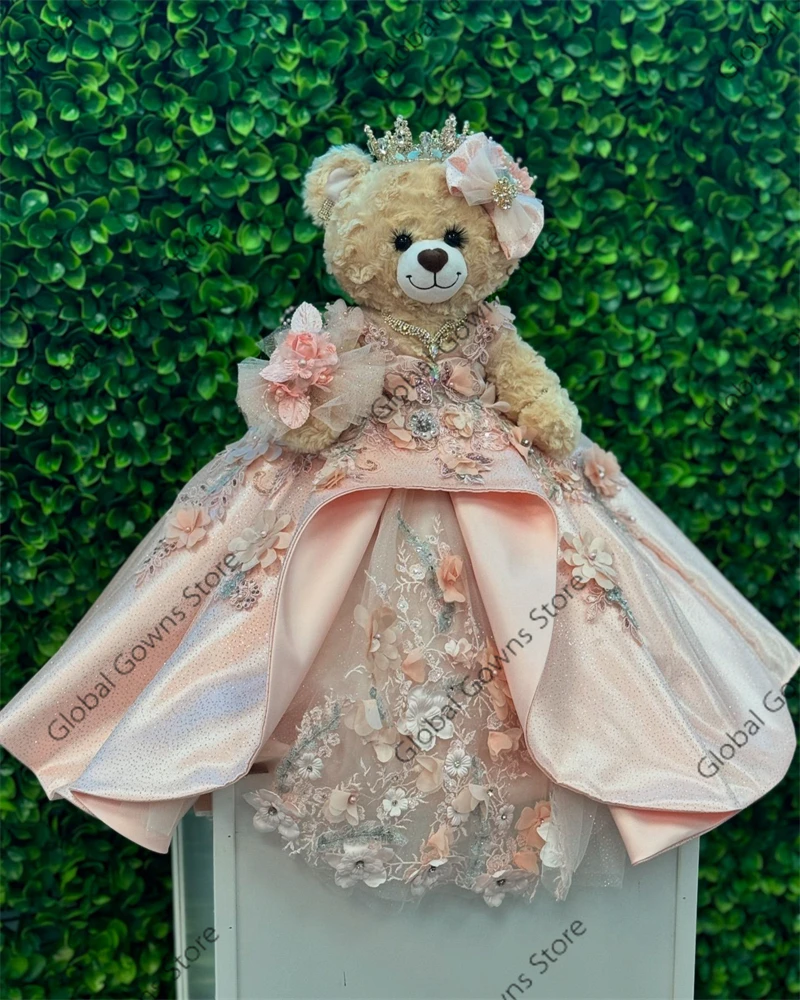 Pink O Neck 3D Flower Special Link For Personalized Quinceanera Teddy Bear Dress Bead Appliques Robe de bal Customized