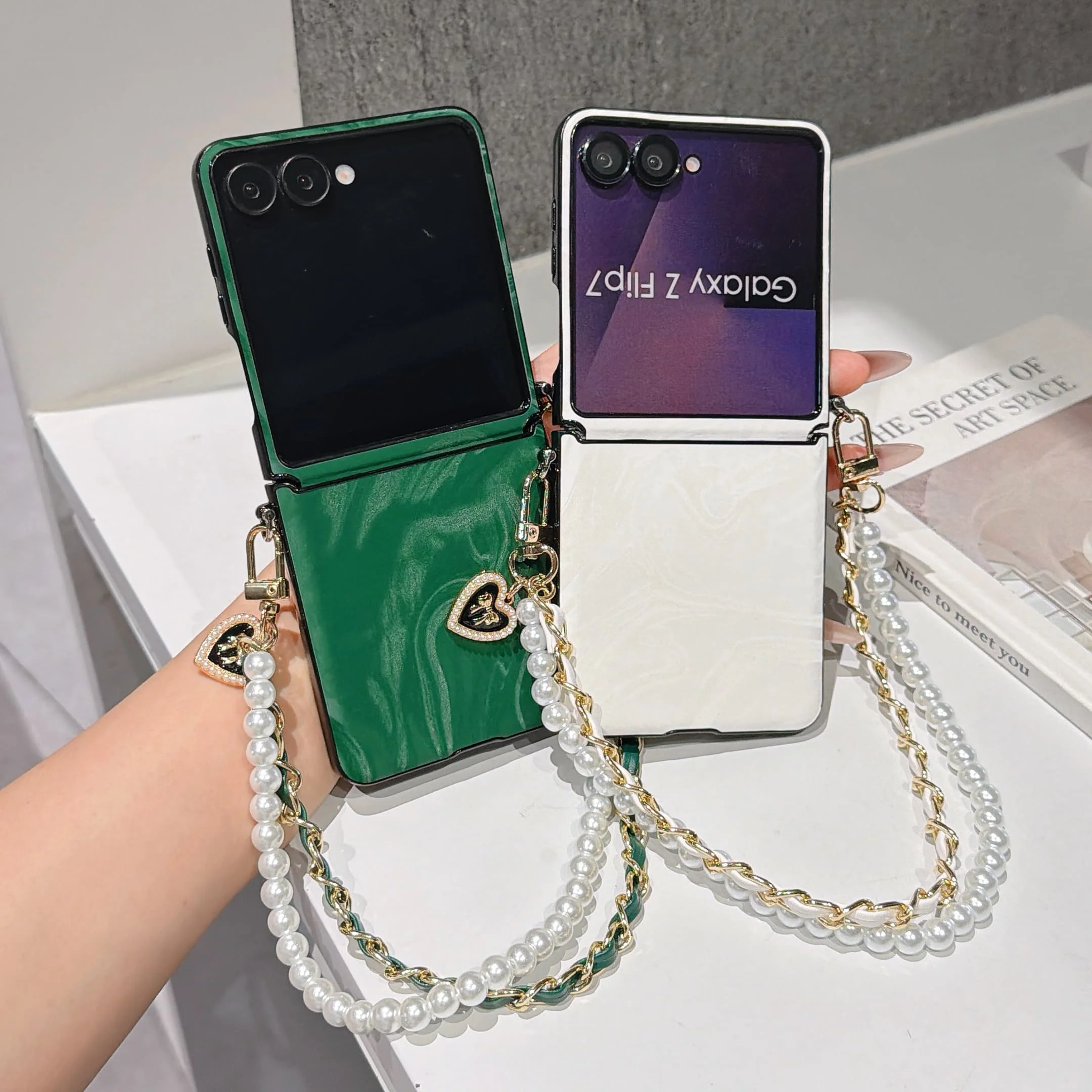 Premium Solid PU Leather Cover with Hinge Protection Wrist Chain Strap Bracelet for Samsung Galaxy Z Flip 7FE 6 5 4 3 Phone Case