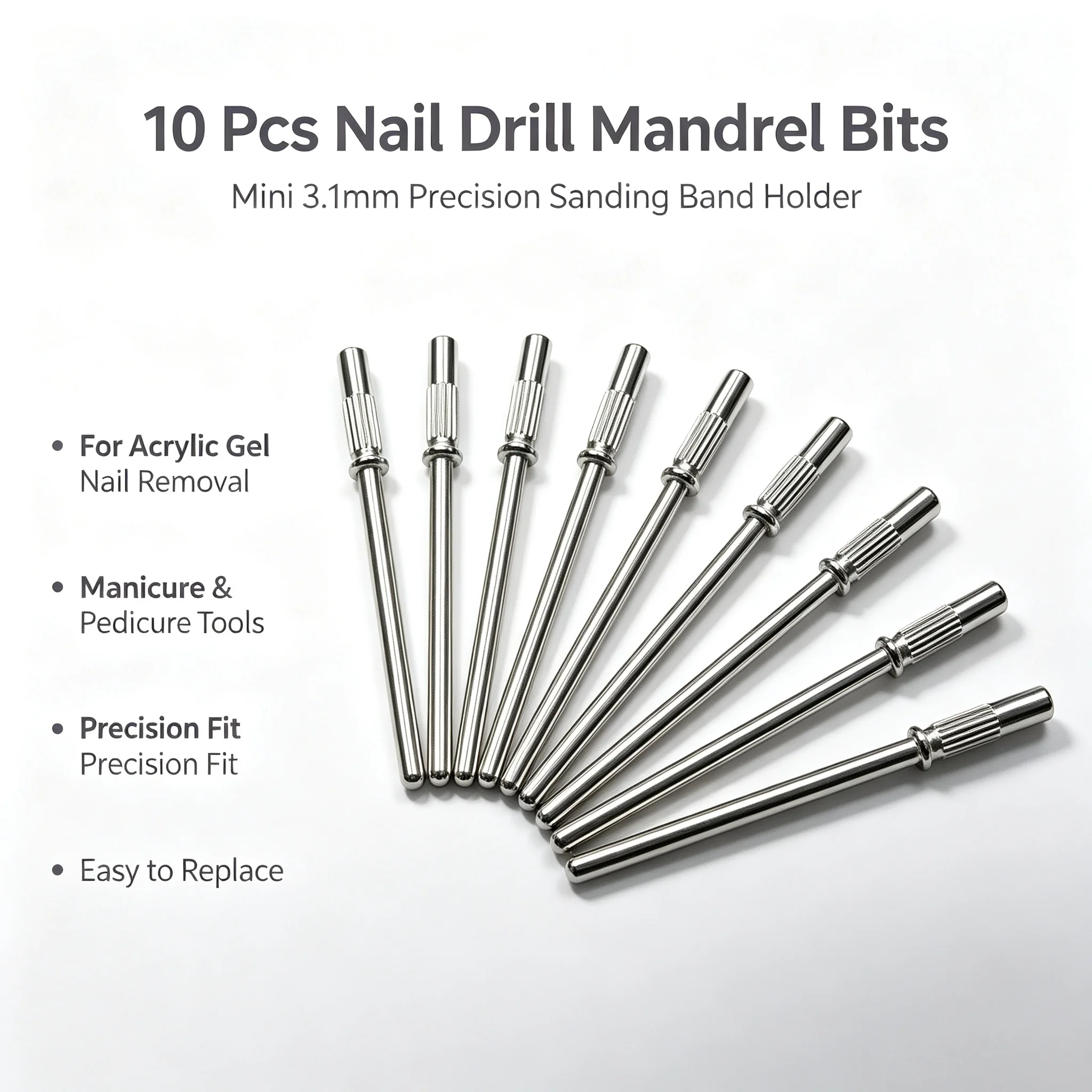 10Pcs Nail Drill Mandrel Bits, 3.1mm Precision Sanding Band Holder for Acrylic Gel Nail Removal Manicure Pedicure Tools