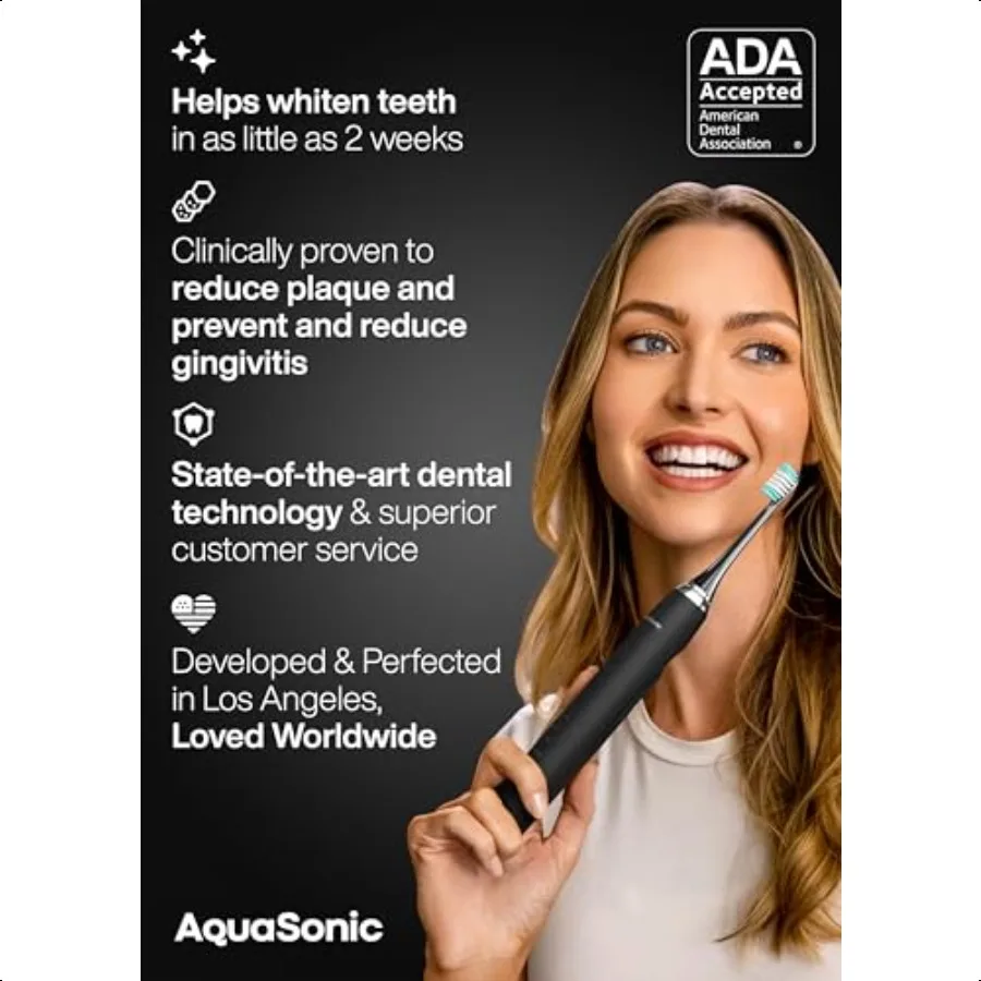 فرشاة أسنان Aquasonic Black Series فائقة التبييض ADA فرشاة أسنان كهربائية مقبولة 8 رؤوس فرشاة حقيبة سفر 40000 VPM كهربائية