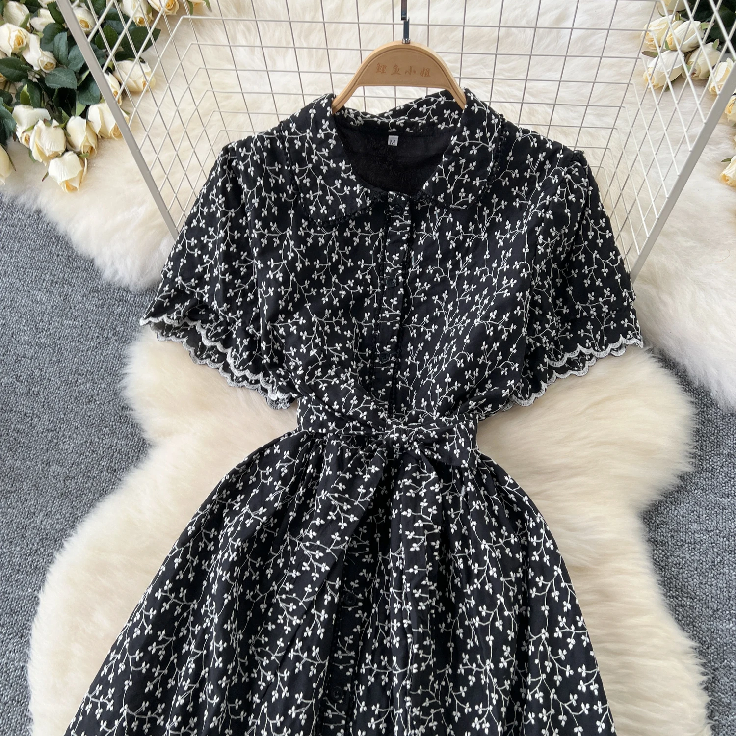 Sexy Chic polo-Neck puff sleeve Single Breasted Dress Elegant Korean Fashion Slim Summer Embroidery dresses