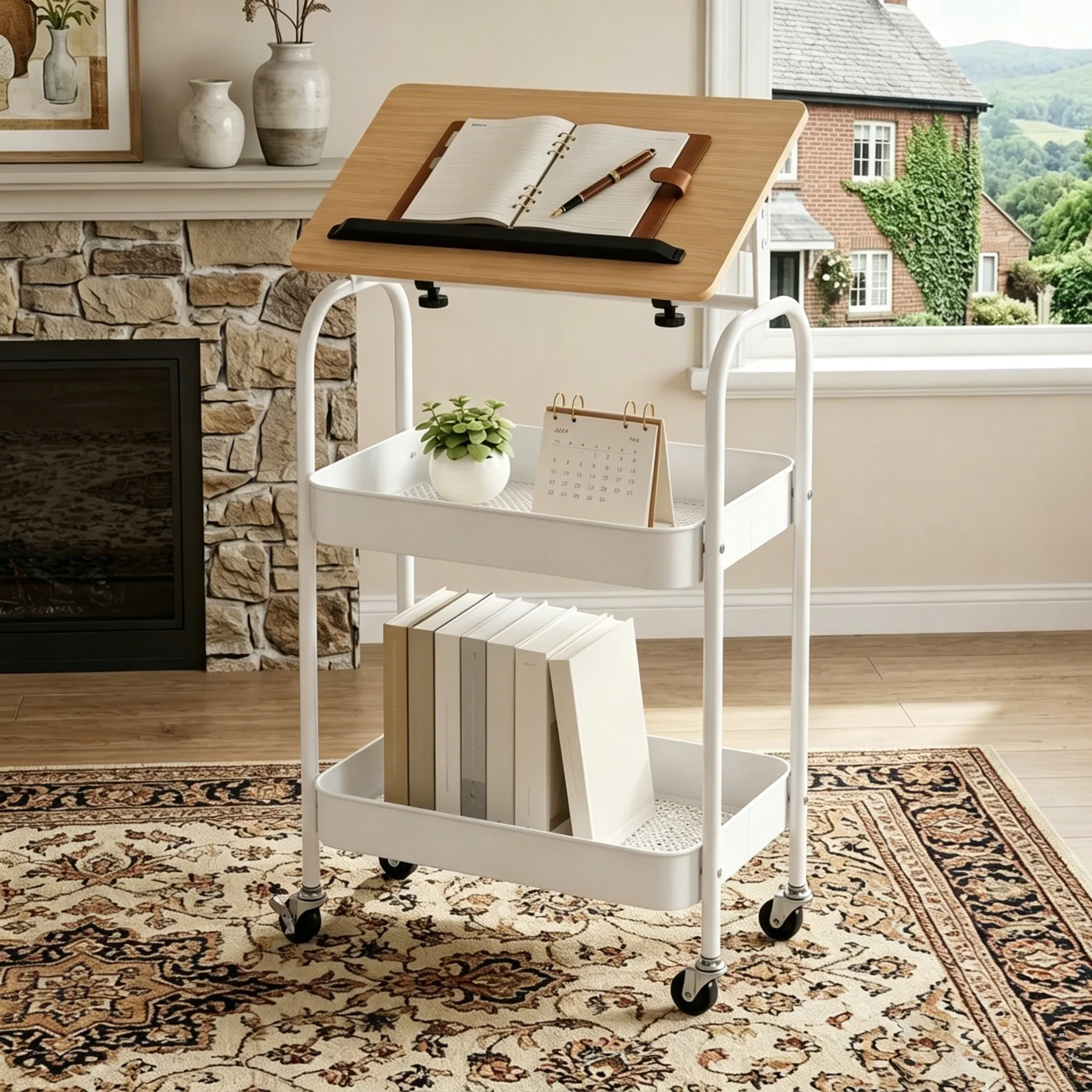 Adjustable Mobile Laptop Desk with Rolling Basket