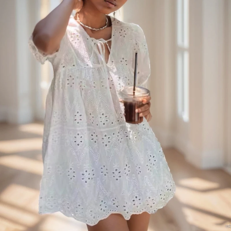 Summer Short Puff Sleeve Lace Blouse French Style Women Loose Casual Ruffle V-neck Lace-up Belt White Shirt Hollow Flower Tops