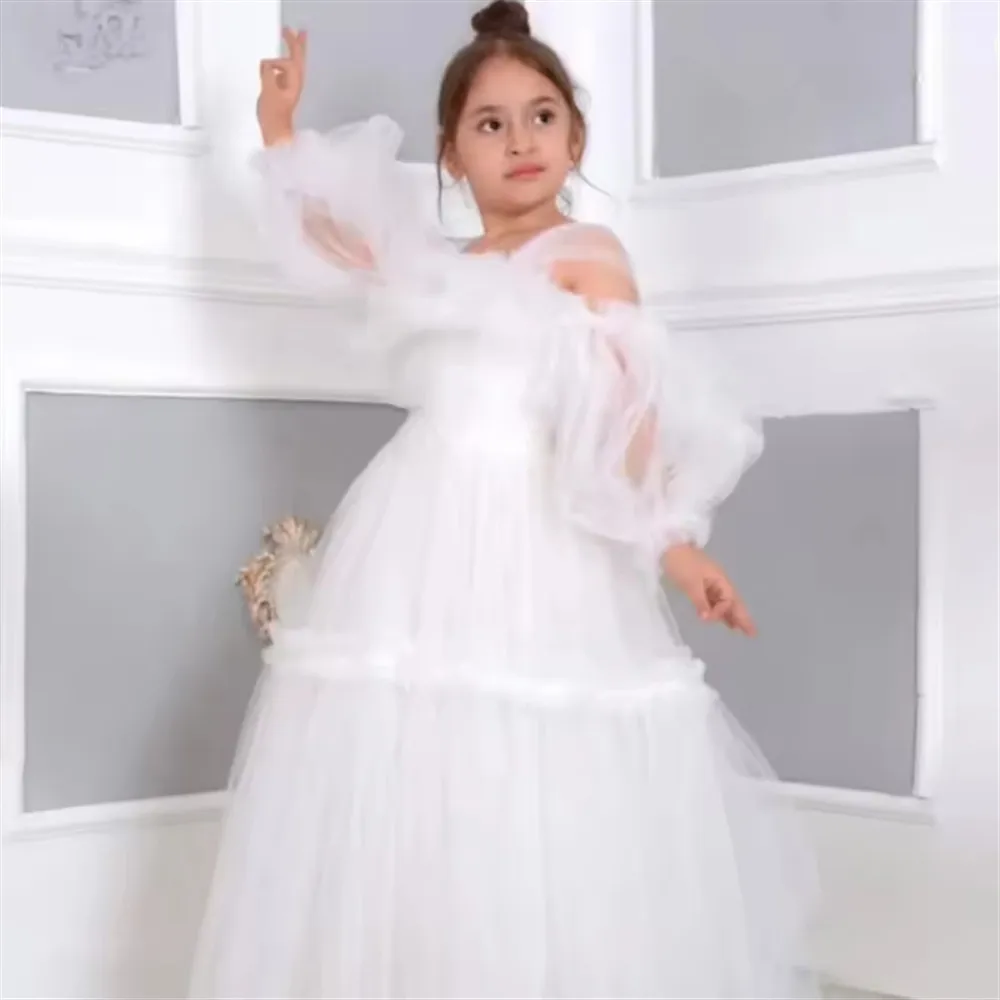 

Customized White Flower Girl Dress for Wedding Full Sleeves Tiered Puffy Elegant Kids First Communion Gown Birthday Party Dress