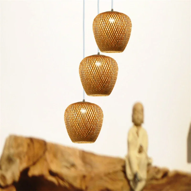 Lâmpada Pendant LED Lampshade De Bambu, Lustres De Teto De Vime De Rattan Natural, Luz De Suspensão Tecida À Mão, Luminárias E27