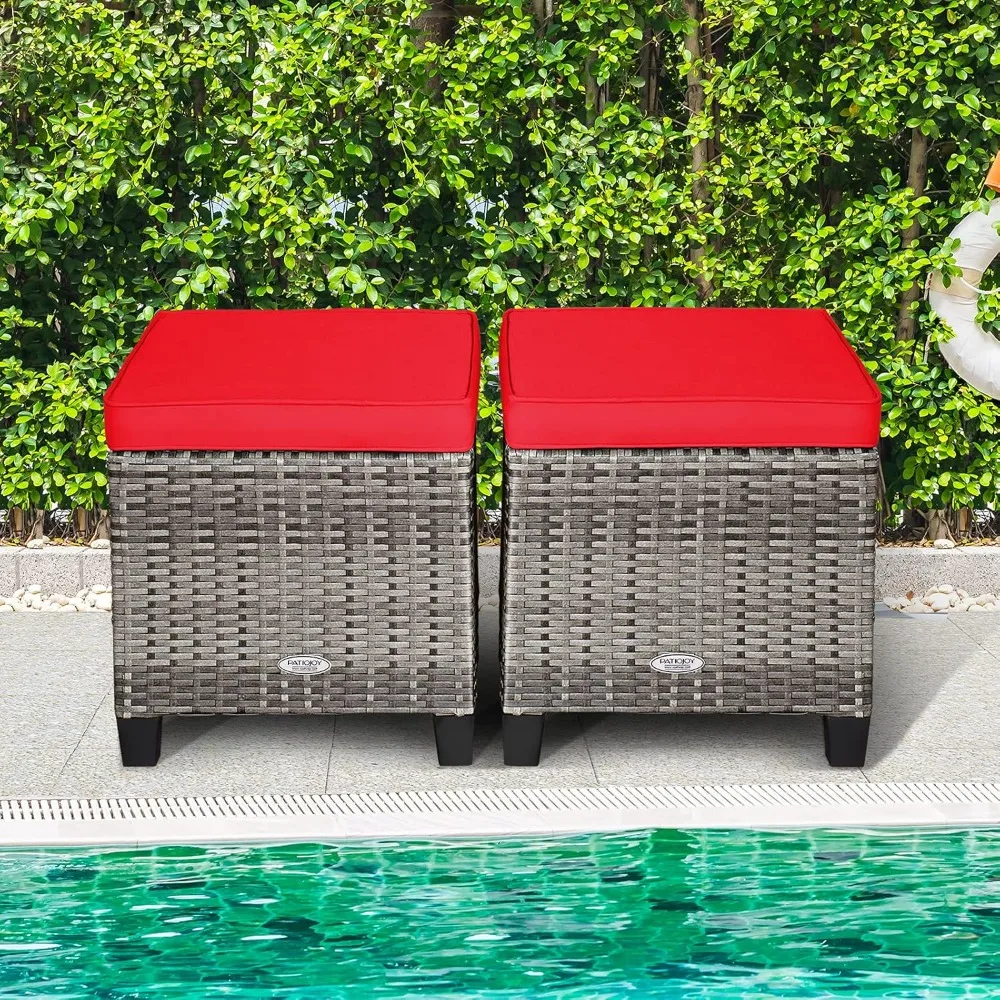 

2 Pieces Rattan Ottomans, Wicker Footstool Seat Soft Cushions and Steel Frame, All-Weather Ottoman Set Backyard Garden Poolside