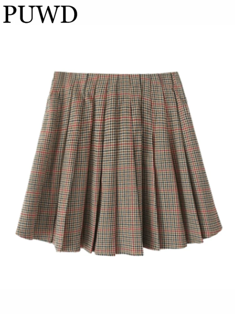 PUWD Casual Women Brown High Waist Plaid Pleated Skirt 2022 Autumn Fashion Ladies Casual Female Knitted A-line Skirt