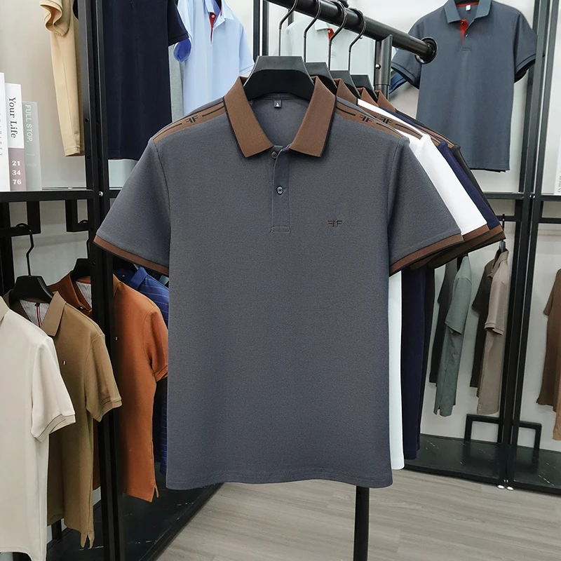 Luxuriöses Herren-Poloshirt mit Stickerei, Neues Einfarbiges Kurzarm-Shirt mit Kragen, 100% Baumwolle, Business-Casual Herrenbekleidung – Detail 5