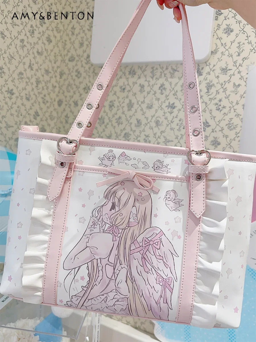 Sweet Girl Two-dimensional Animation Printed Bow Handbags Student Commuting Style Shoulder Bag Cute Versatile Bags for Women