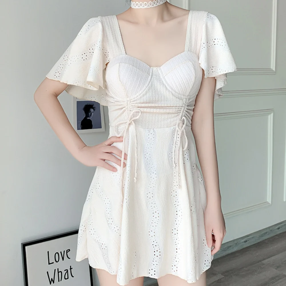 Lace Up Short Sleeve Zipper Skirt Swimsuit Drawstring Hollow Out Hot Spring Swimwear Flying Sleeve Patchwork