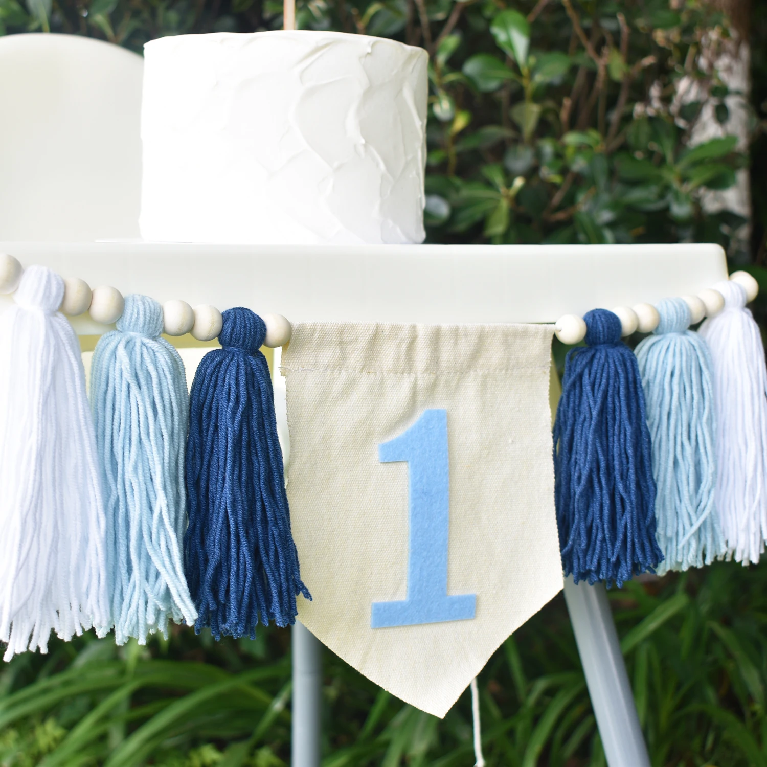 1st Birthday High Chair Banner Blue Birthday Party Decorations For Children Handmade Wooden Bead Tassel Garland Photography Prop