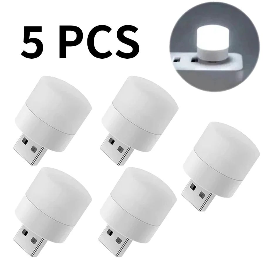 

5Pcs Mini USB-Powered Night Lights Bedside LED Bulb Plug-in Lamp Portable Cordless Lamps for Home and Travel, White Light
