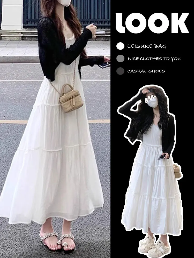 

Plus Size Autumn Tea System White Dr Set Women's plus Size Ele Slimming Long Gown Two-Piece Set Korean Sle Loose Fit High Waist