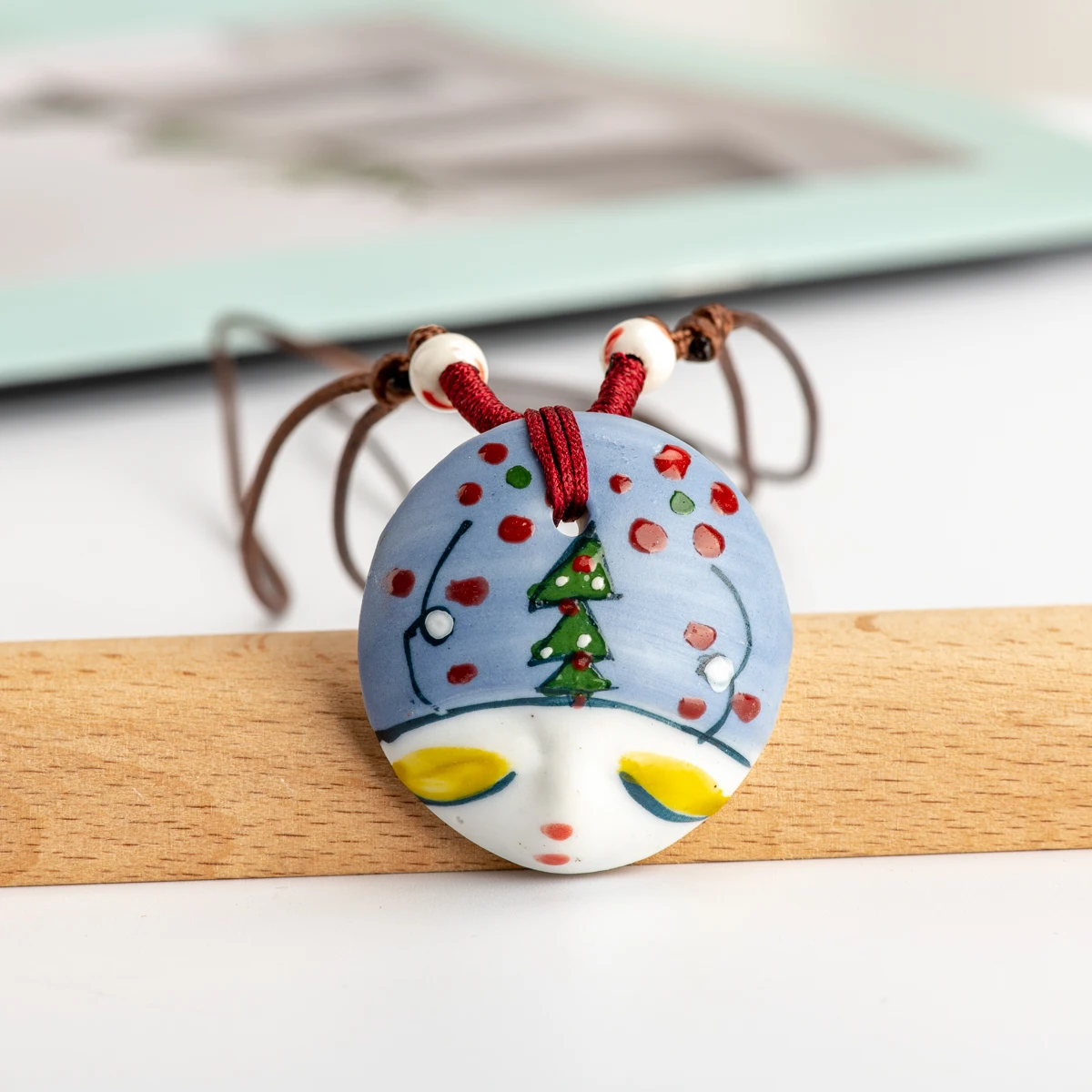 L China Ceramic Girl Face Pendant Bar necklace retro Chinese style Necklaces & Pendants #IY462