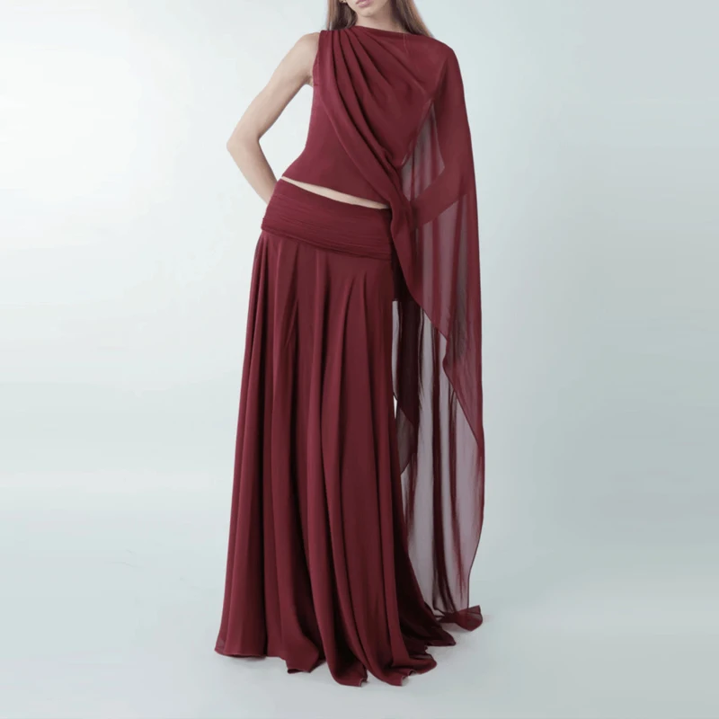 

Spring Summer Chiffon Two Piece Set Women's O-neck Top and Long Skirt Party Suit Sexy Hollow Out Pleated Solid Vacation Outfits