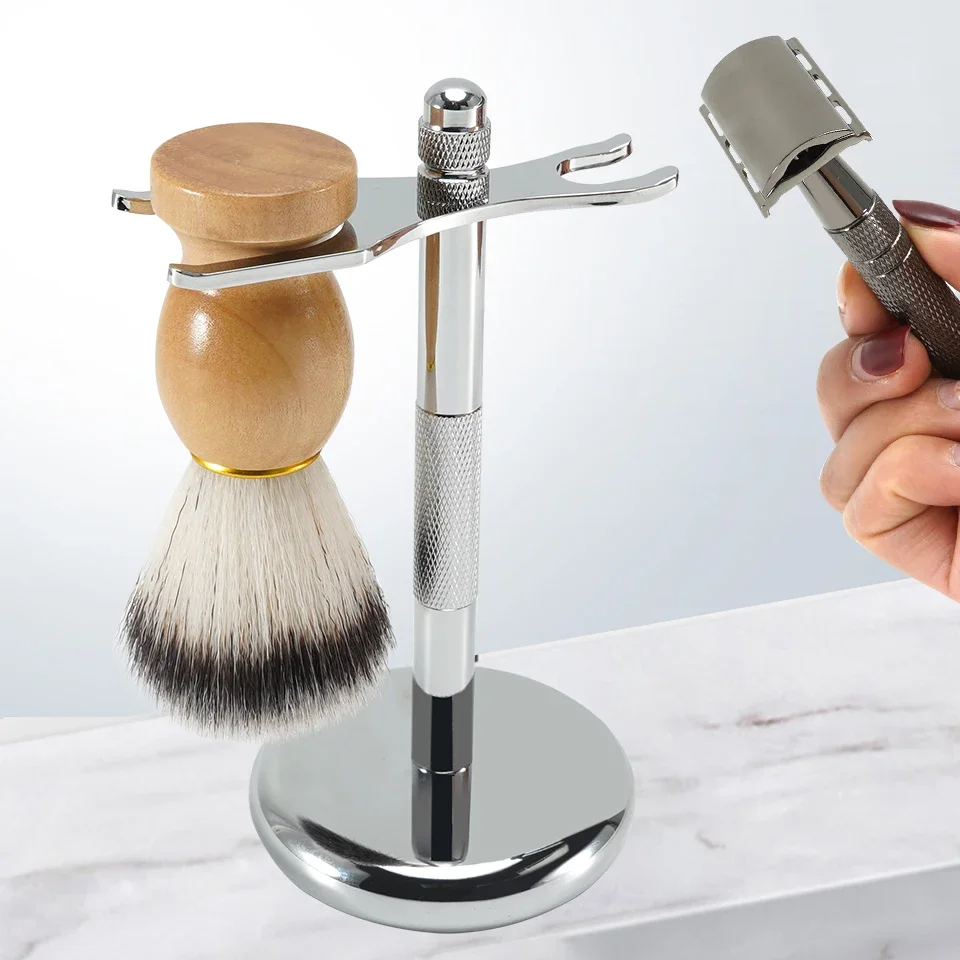 Razor Holder Brush Stand Stainless Steel Handle Shaving Quality Holder Razor Brush Set for Men Shave Tool Non-slip Base