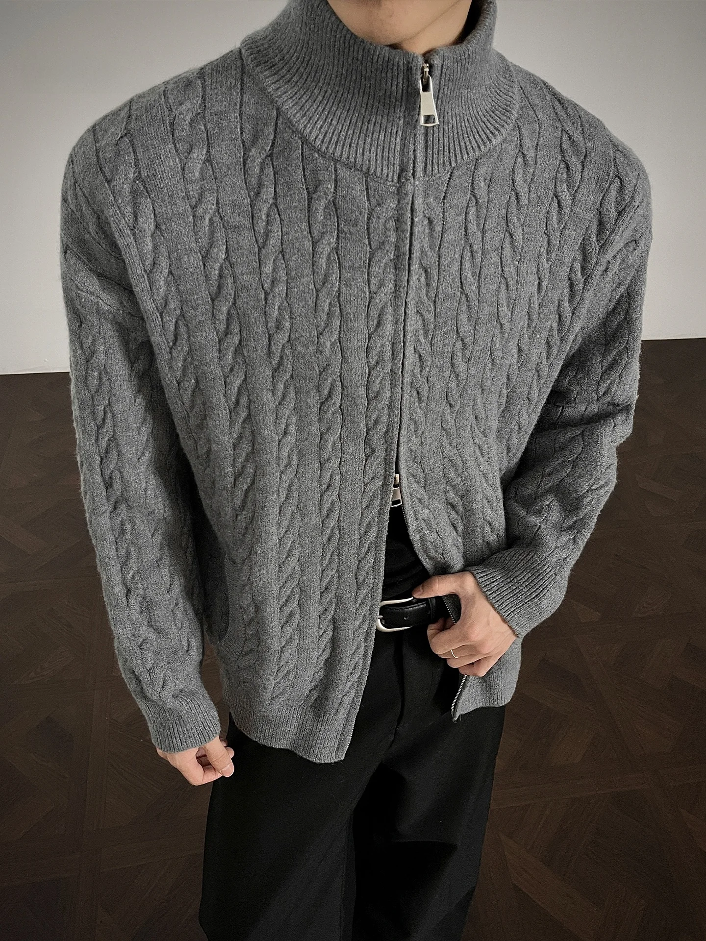 

Мужской вязаный свитер с двойной молнией и воротником-стойкой, утепленный, осенне-зимний, с подкладкой из льна, на пуговицах, кардиган