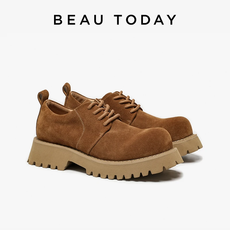 BEAUTODAY Derby Shoes Men Cow Suede Leather Solid Color Round Toe Platform Lace-up Casual Male Shoes Handmade 55650