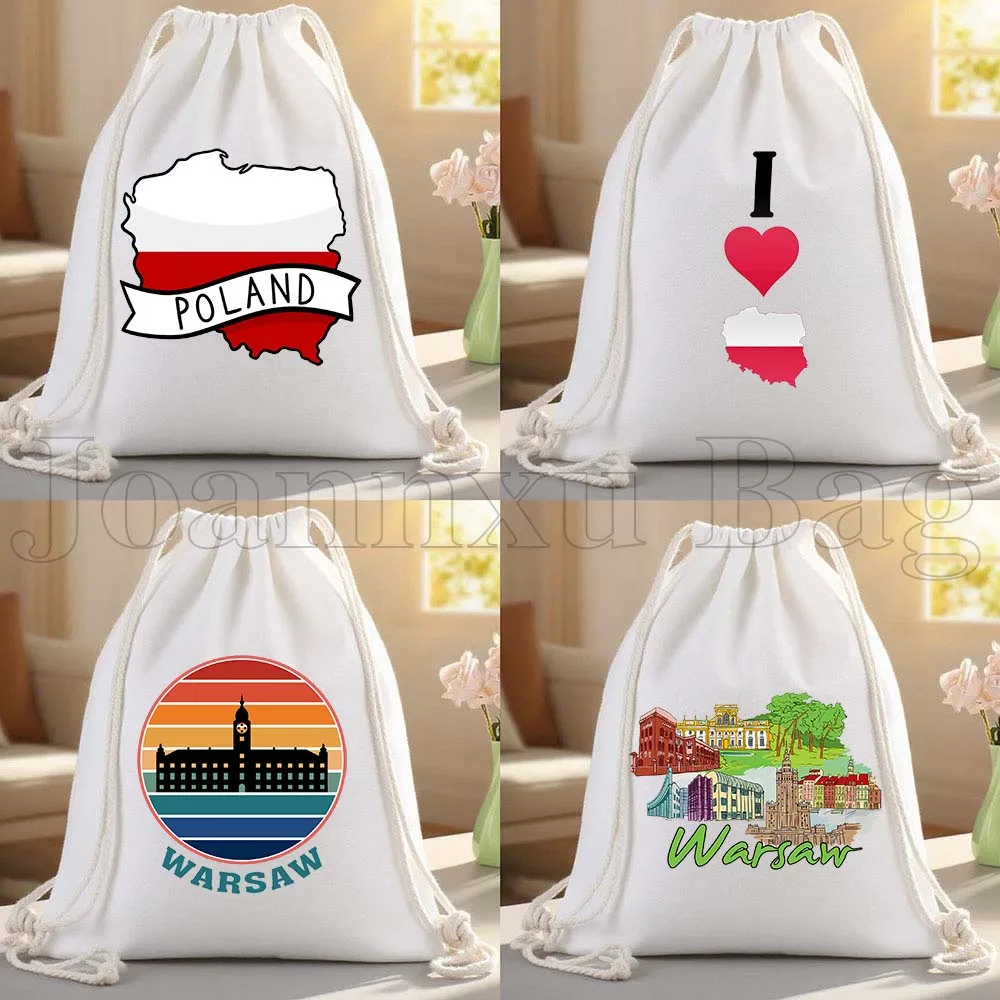 

Love Warsaw Poland Flag Polish Map Souvenir Gifts Canvas Drawstring Bag Soccer Backpack Cotton Gym Sackpack Sports String Bags
