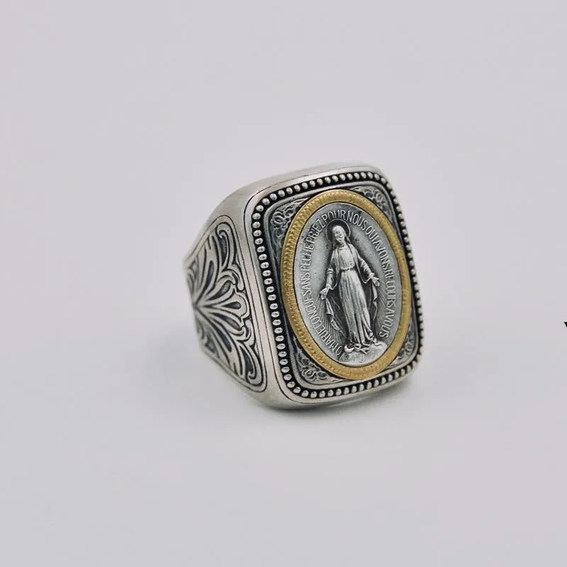 

Handmade Inlaid Vintage Religious Medal Ring, Adjustable Open Band, European American Faith Jewelry