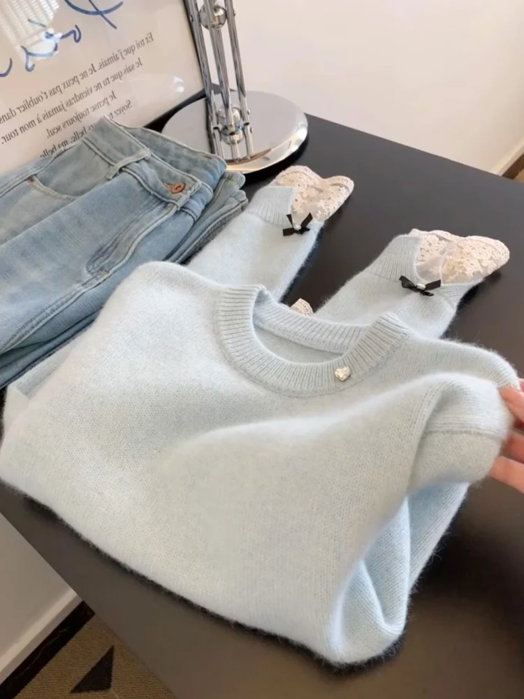 الخريف الشتاء شيك اللون بلو تصميم طويل Sve Camere سترة مستديرة Ne overhead الدافئة محبوك أعلى الدانتيل الربط تحسس F... #1