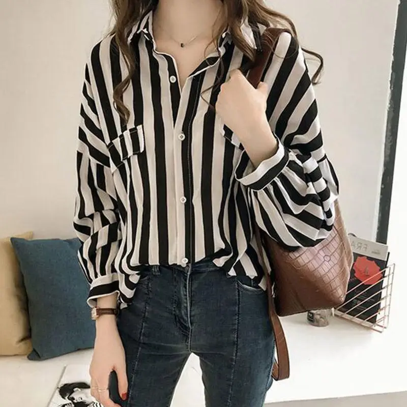 

Shirt Women's 2023 New Temperament Long Sleeve Inner Layer Top Korean Version Loose Slim Stripe Outer Wear Thin Shirt