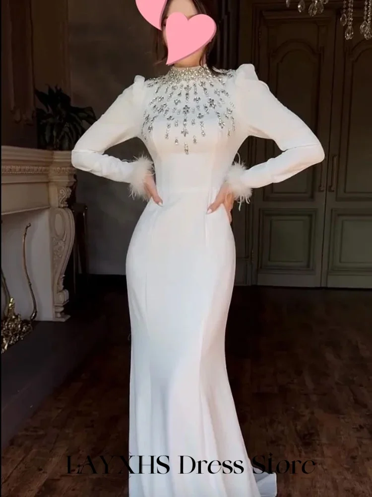 LAYXHS Elegant Formal Evening Dresses Long Sleeves Shiny Beaded Feather Mermaid Prom Dresses Customized فستان سهرة نسائي