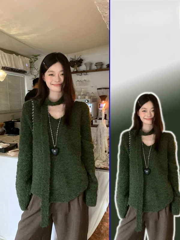 

Loose Fit Long Sve een Knitted Sweater Women's Sle Korean Faion plus Size Comfortable Soft V-Ne Casual Knitwear