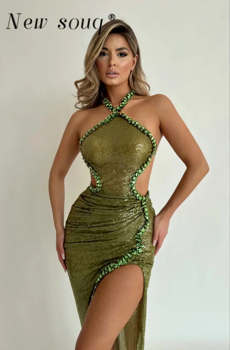 Green Sexy High Slit Long Evening Dresses Crystals Hater Neck Chic Cut Out Night Party Gowns Sleeveless Sequin Vestidos De Gala