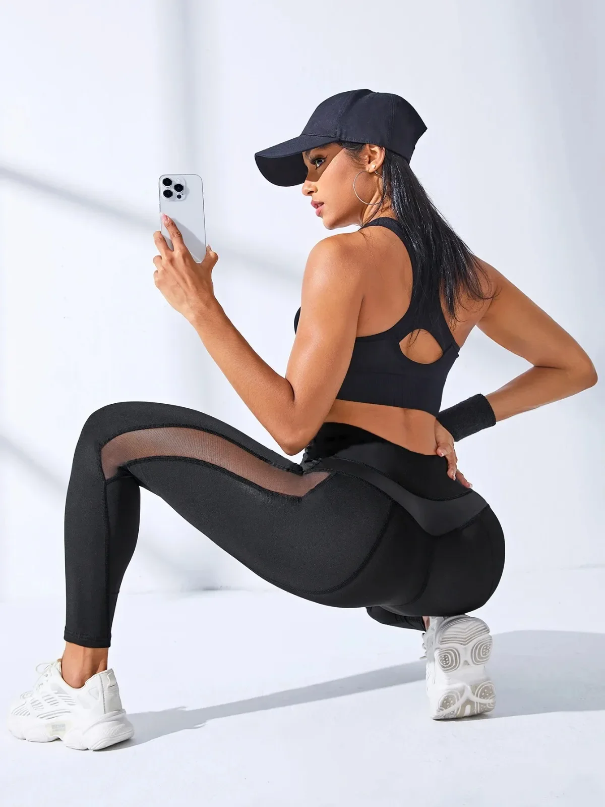 Women Gym Yoga Butt Lifting Leggings Sexy Mesh Leather Splice Quick Dry Sports Pants Elastic High Waist Exercise Workout Leggins